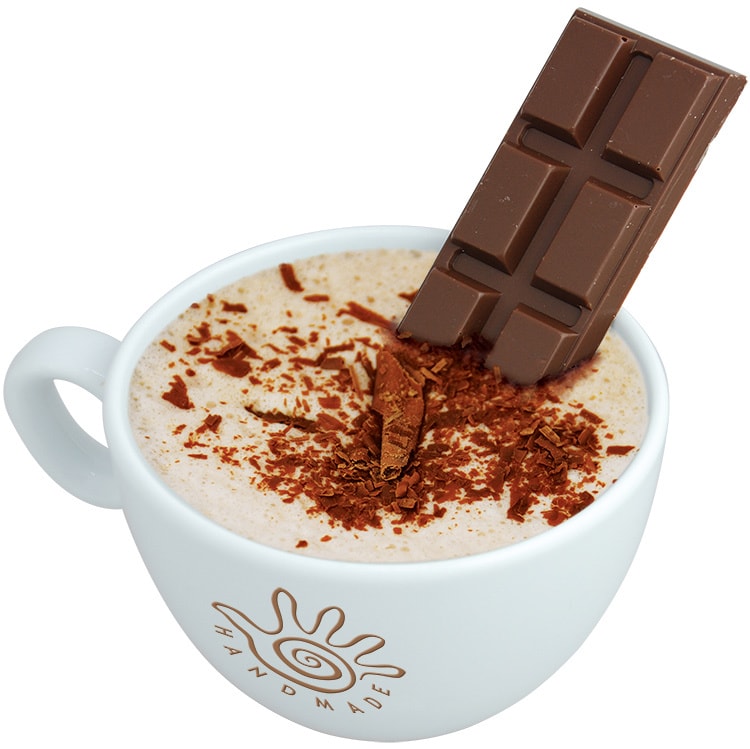 Close up of hot chocolate with chocolate shavings and chocolate bar in Marimba branded mug