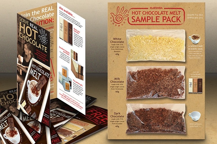Hot chocolate sample pack packaging design with graphics and information for Marimba