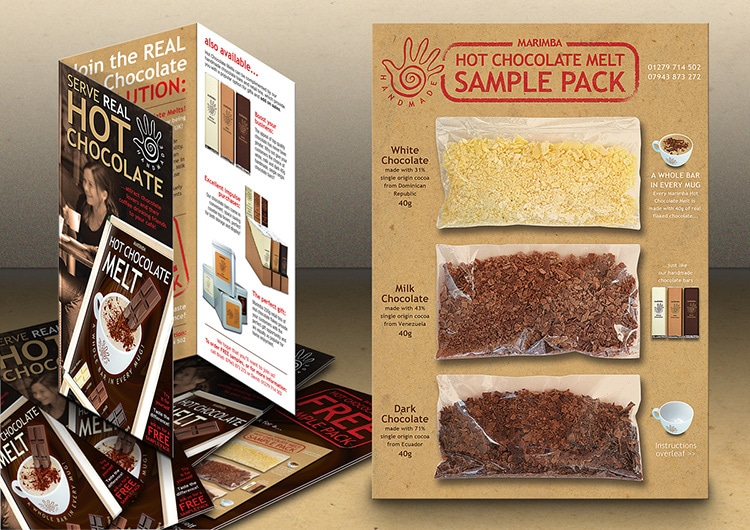 Hot chocolate sample pack packaging design with graphics and information for Marimba
