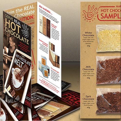 Hot chocolate sample pack packaging design with graphics and information for Marimba Thumbnail