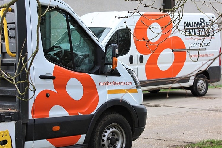 Close up of vans livery design with Number 8 Events branding