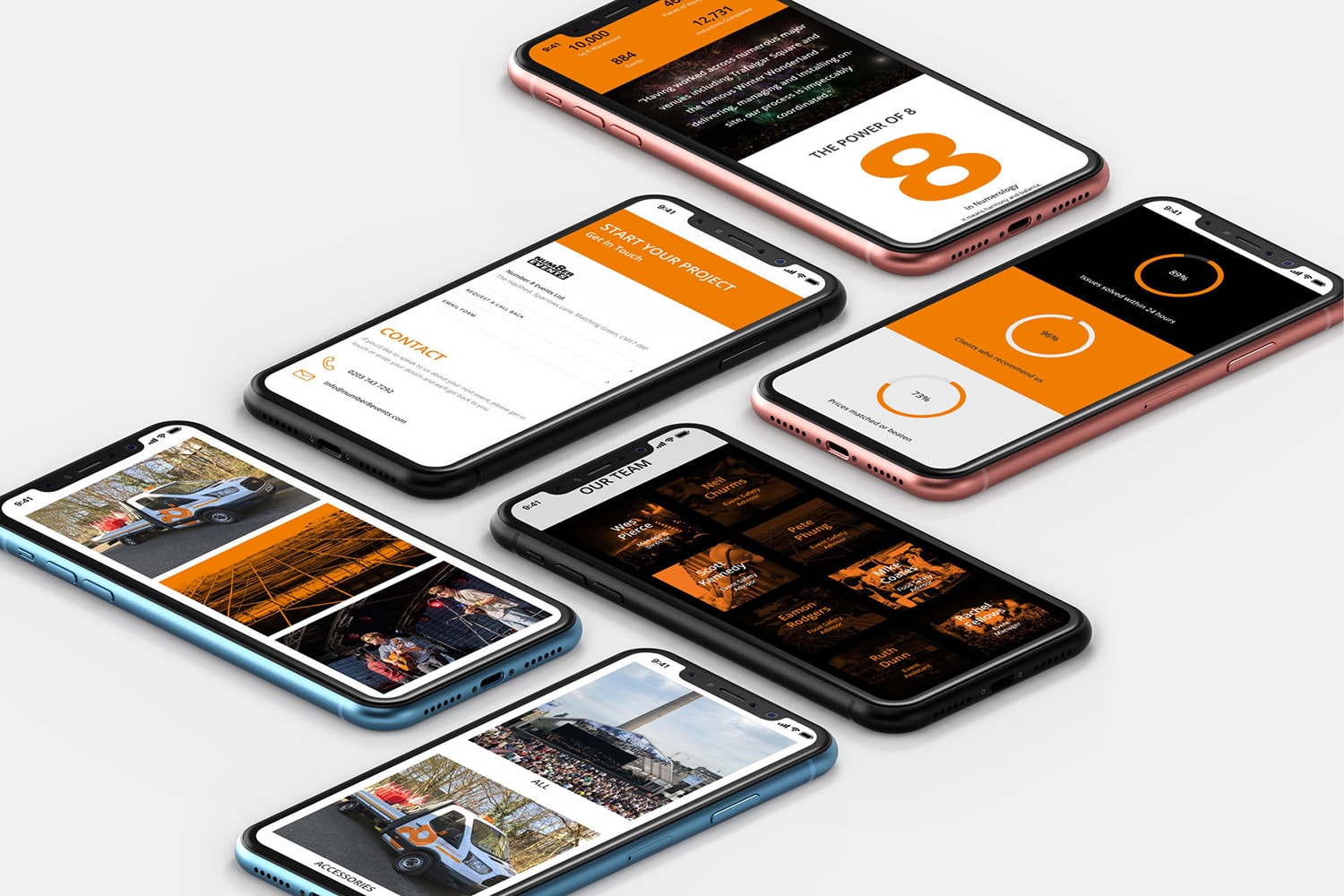 A group of mobile phones displaying pages from Number 8 Events responsive website design