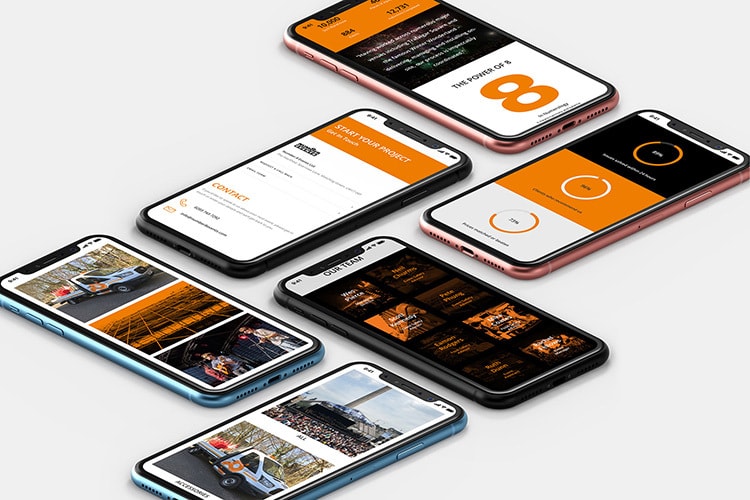 A group of mobile phones displaying pages from Number 8 Events responsive website design