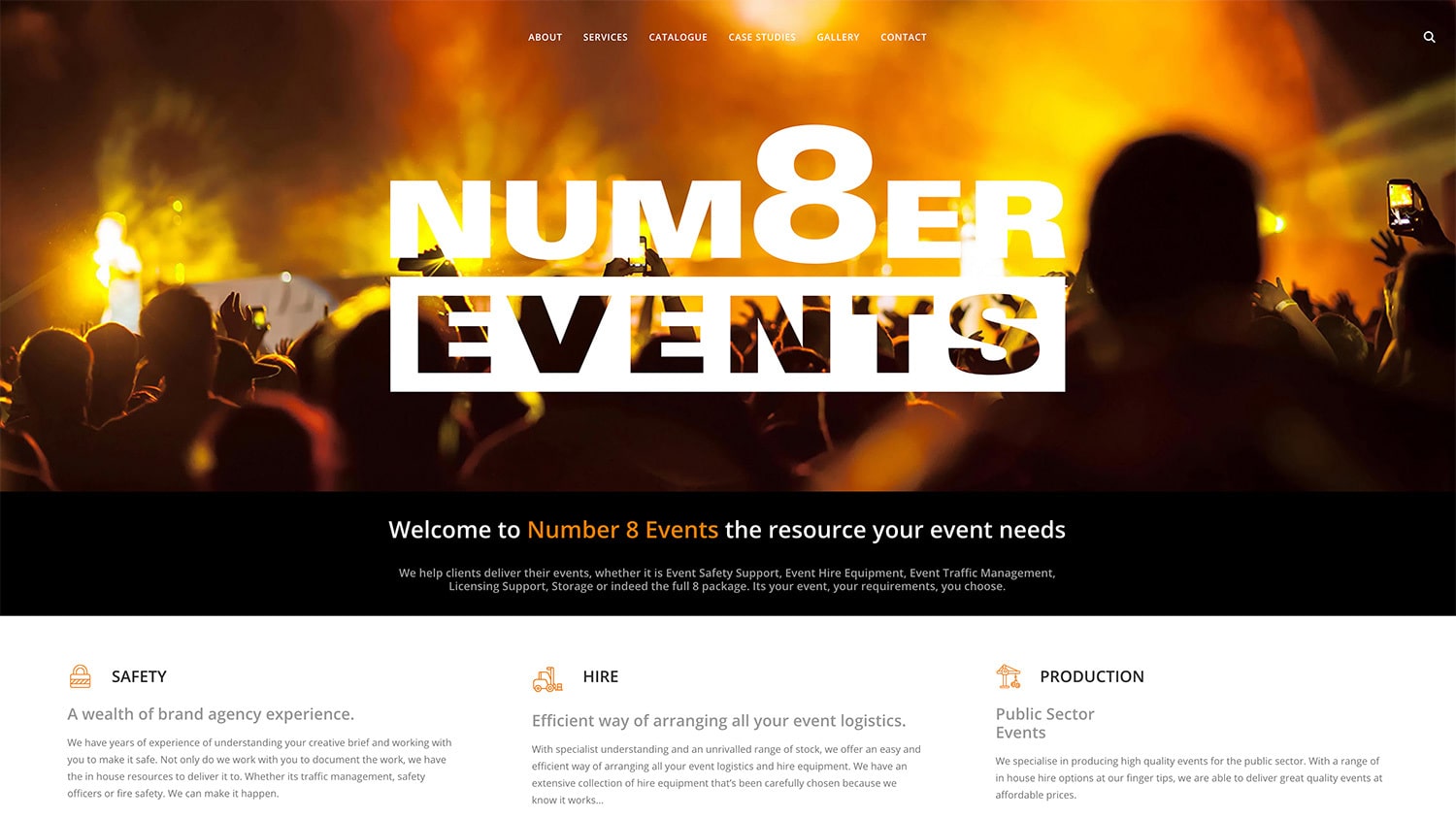 Homepage flat of Number 8 Events website design