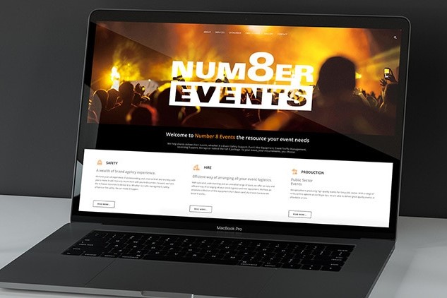 Laptop displaying the homepage of Number 8 Events website design