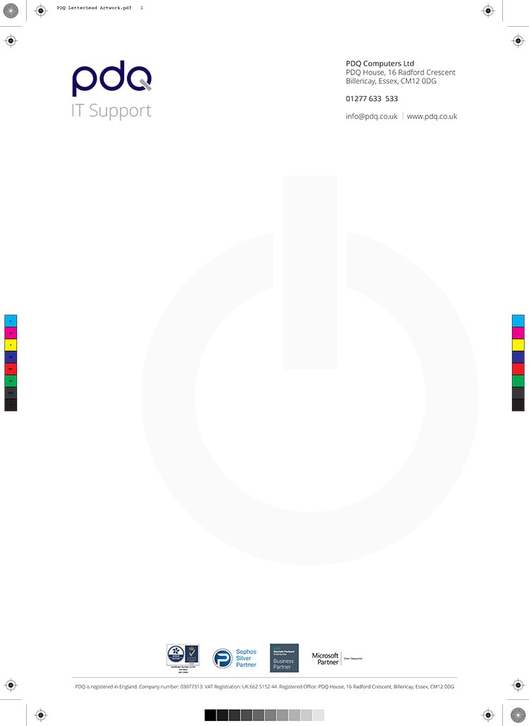 Letterhead with the PDQ 'Q' watermark artwork with bleed