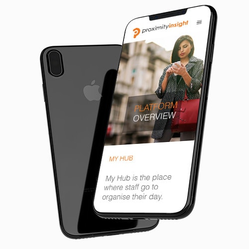 Floating front and back of mobile phone displaying Proximity Insight responsive website design
