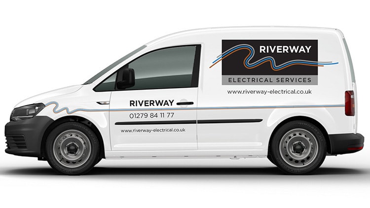 VW white van with Riverway Electrical branding design vinyl and 3 different coloured lines running across the van
