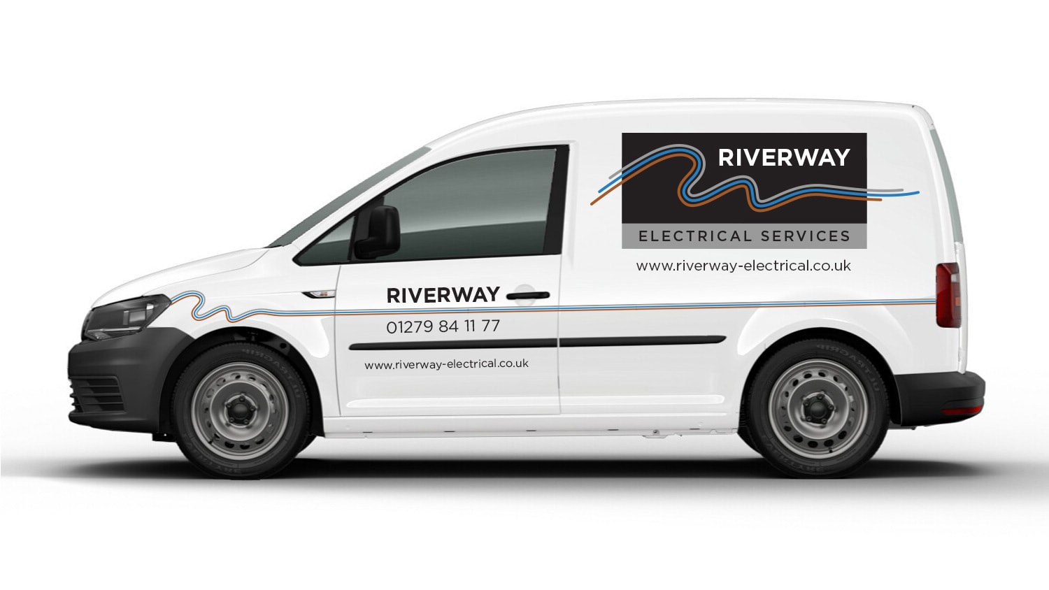 VW white van with Riverway Electrical branding design vinyl and 3 different coloured lines running across the van