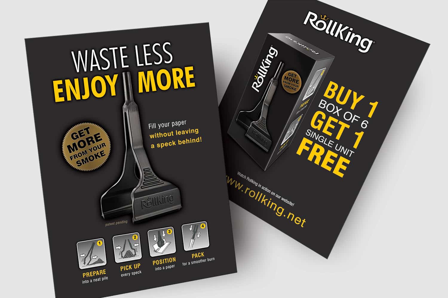Front and back promotional poster design with UV Treatment showing new Rollking product packaging design