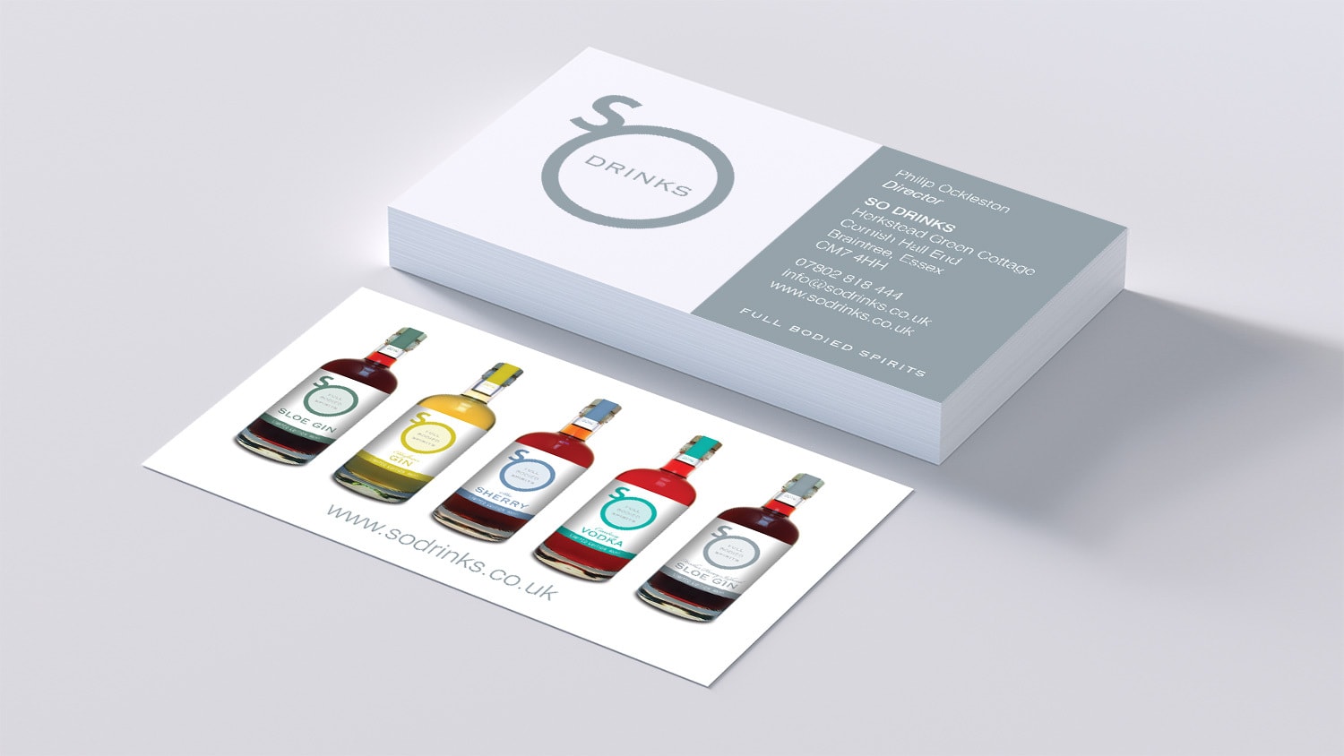 Front and back business card design stacked for So Drinks