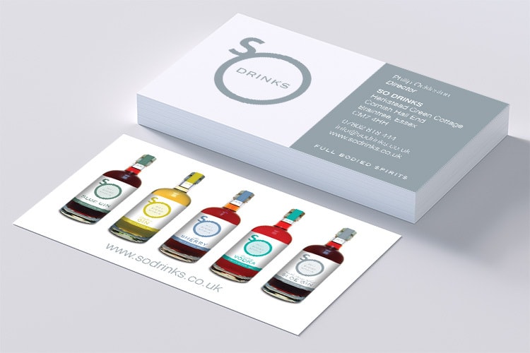Business cards designed for So Drinks with the So drinks branded bottles shown on the back