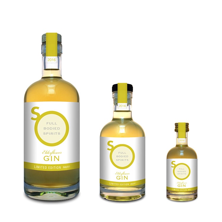 Yellow Eldeflower Gin label design with different sizes for So Drinks