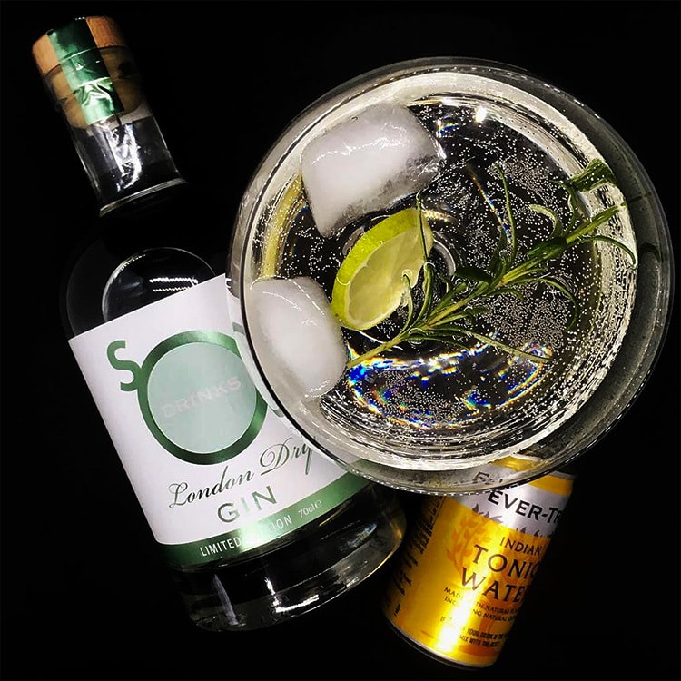 So Drinks London Dry Gin with tonic water plan view photography for So Drinks