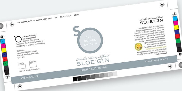Sloe Gin artwork label design with bleed for So Drinks