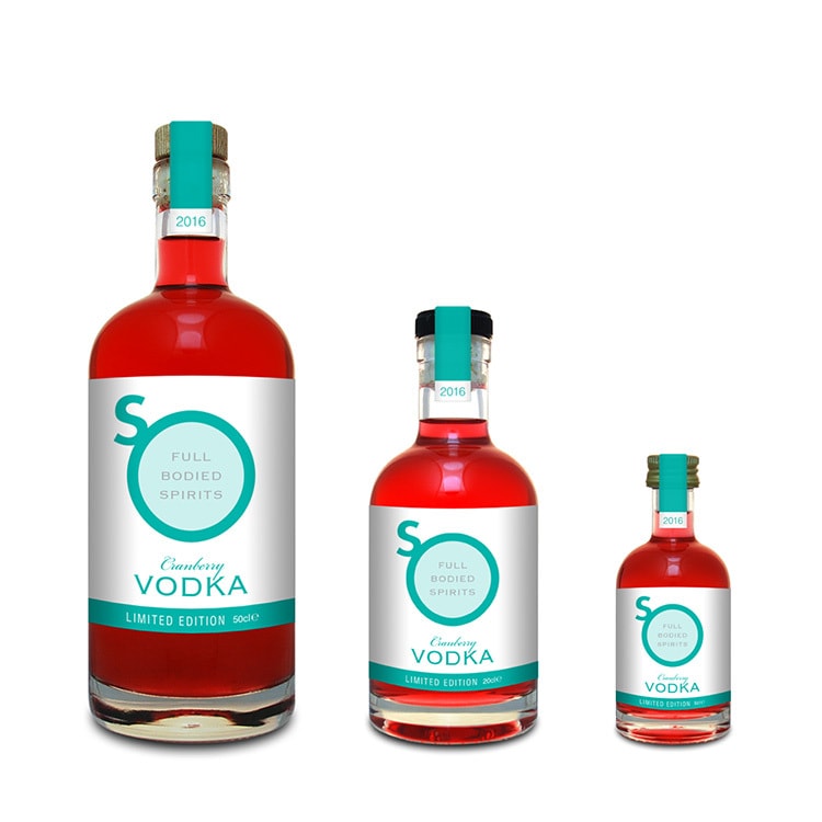 Teal Cranbury Vodka label design with different sizes for So Drinks