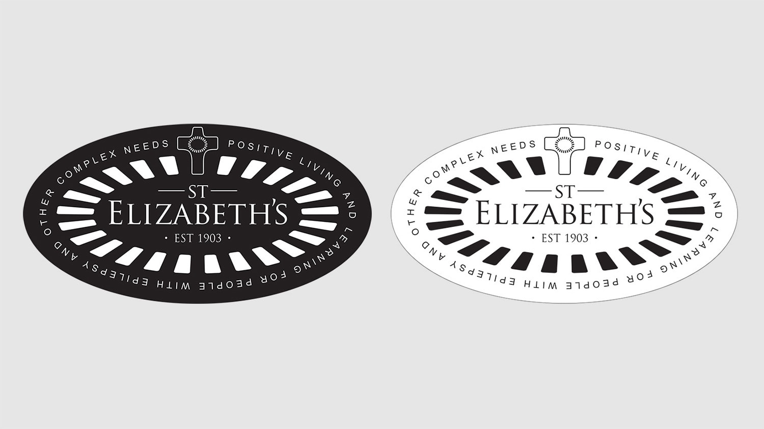 Reversed and non-reversed St Elizabeths with cross and outline with strapline branding design