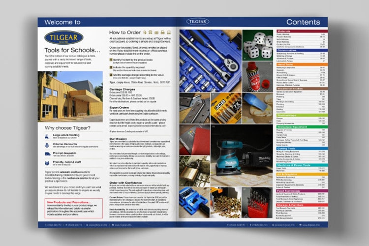 An open spread introduction and content of Tilgear brochure