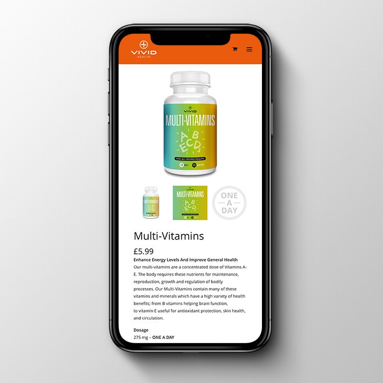 A mobile phone displaying Vivid Health responsive eCommerce shop page website