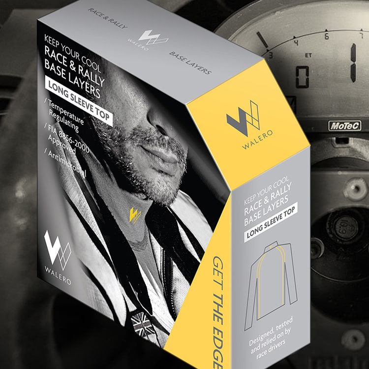 Walero packaging design carton with a full bleed image on front resting with steering wheel background