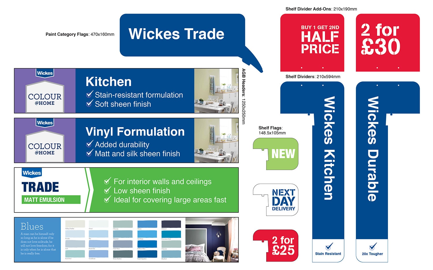 Set of paint trade POS flat artwork for Wickes retail stores