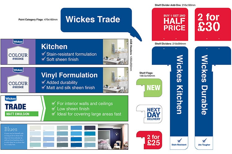Set of paint trade POS flat artwork for Wickes retail stores