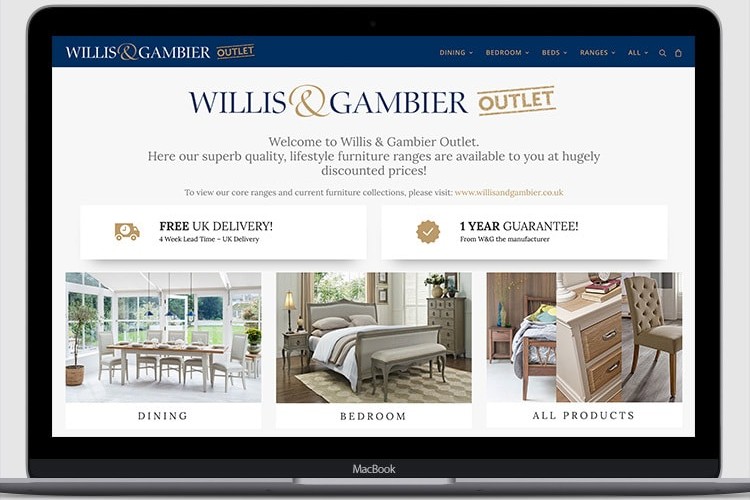 Website eCommerce design for Willis and Gamier outlet displaying on a laptop