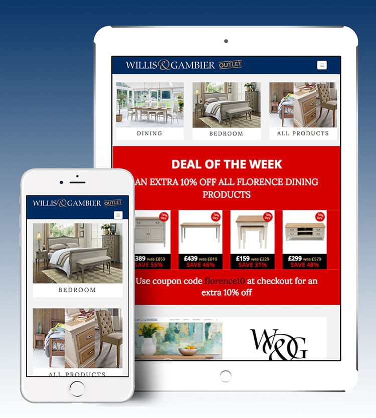 Tablet and Mobile displaying Deal of the Week promotion on the Willis & Gambier Outlet eCommerce website design