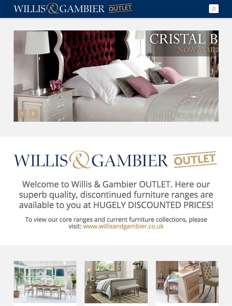 Tablet homepage flat of the Willis & Gambier eCommerce website design
