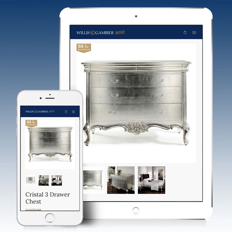 Tablet and Mobile displaying shop page of the Willis & Gambier Outlet eCommerce website design