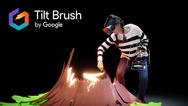 Person creating a volcano using Tilt brush tool by Google