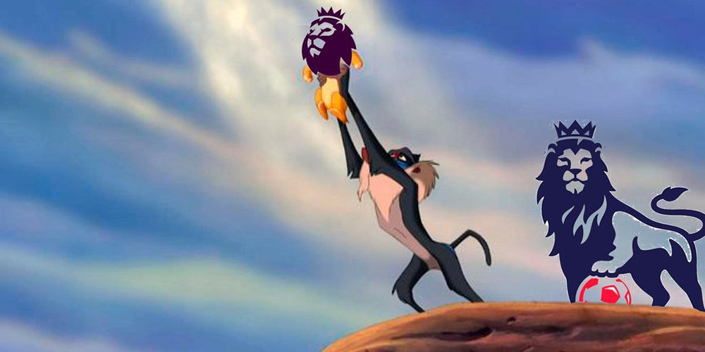 Lion king character holding the new Premier League logo while the old Logo is standing behind