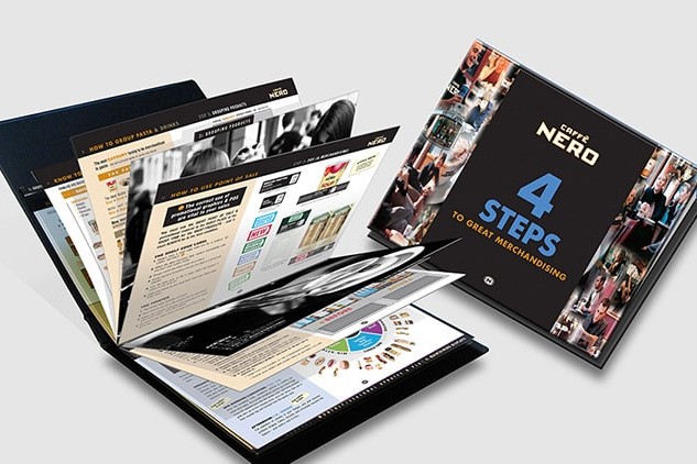 Caff&egrave; Nero Visual Merchandising Manual print design showing front cover and open spread