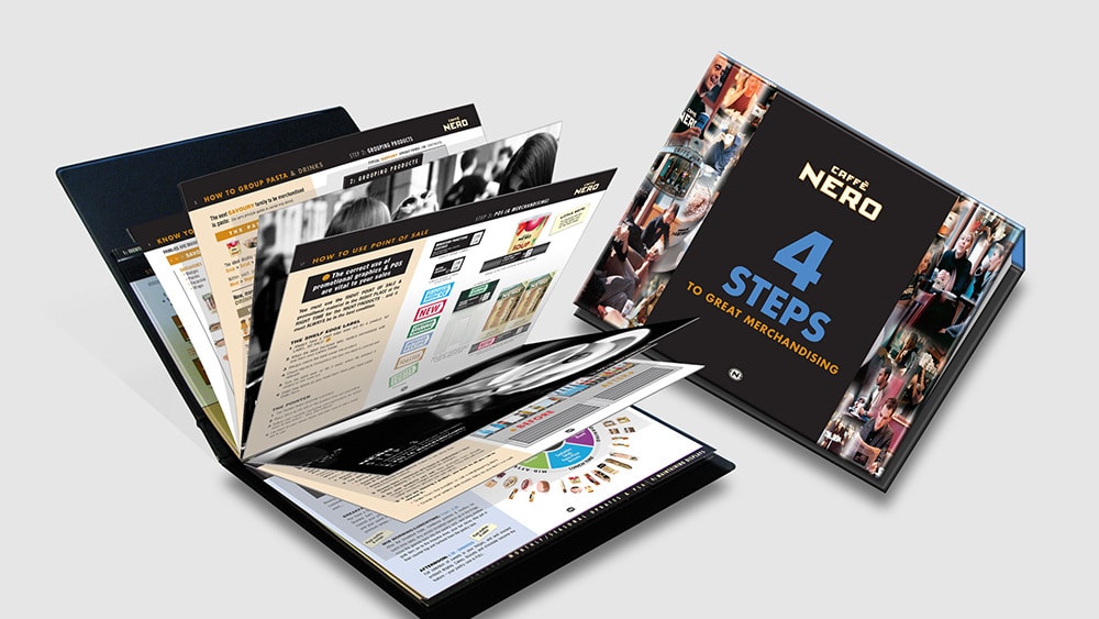 Caffè Nero Visual Merchandising Manual print design showing front cover and open spread Thumbnail