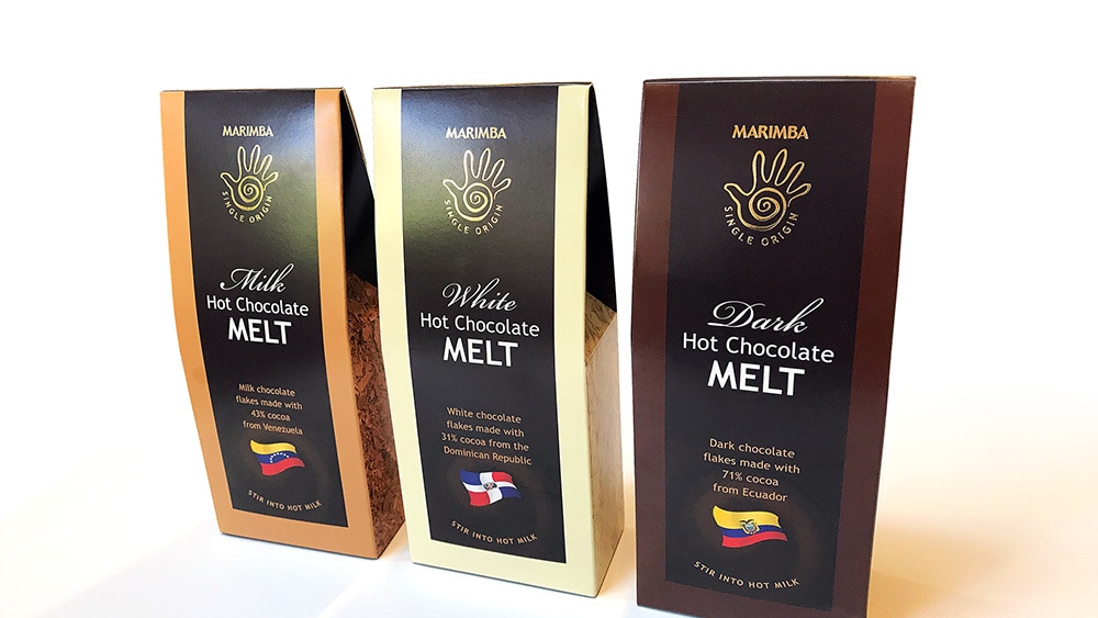 Marimba hot chocolate melt packaging design for different chocolates with a gold foil finish