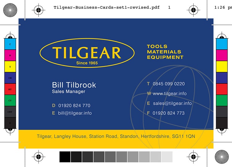 Front reversed version of Tilgear business card branding design set