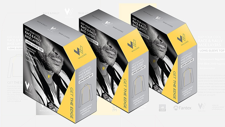 Walero packaging design carton with a full bleed image on front resting with packaging net design background