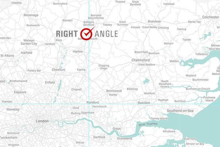 Right Angle Creative studio location in Hertfordshire map with Right Angle Tick symbol