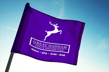 Great Hadham Country Club logo with strapline on a purple flag