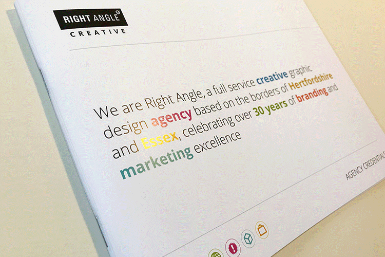 Animated GIF showing the front cover and open spread of the Right Angle Creative agency credentials brochure