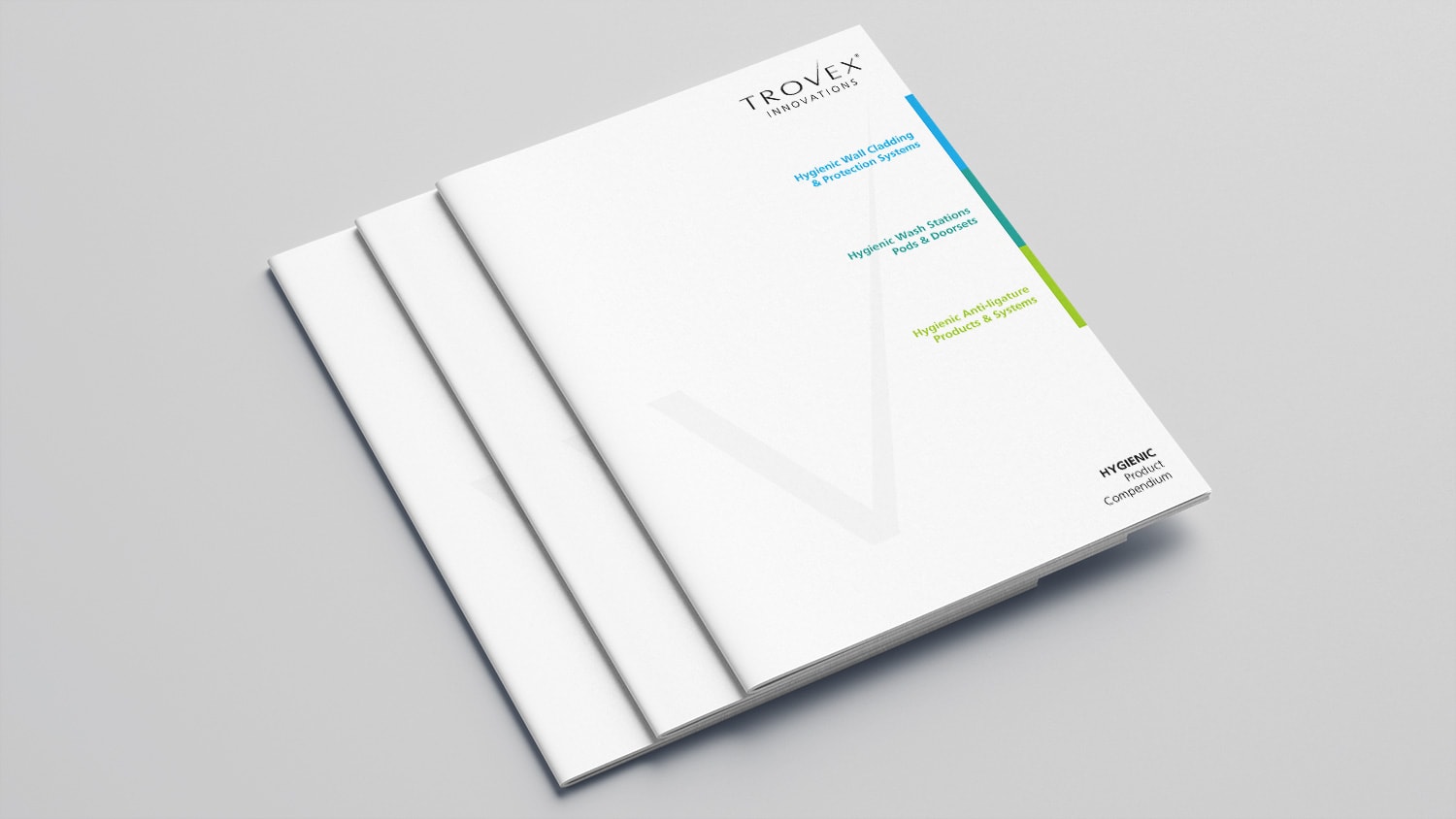 Stacks of Trovex Innovations brochure print design, showing the front cover